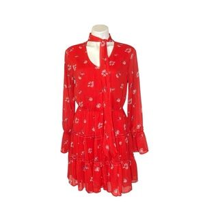 XHILARATION Floral Long Sleeve Tie Scarf Neck Tiered MidLength Dress Red Medium